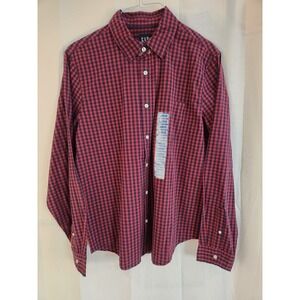 Gap Shirt Mens LARGE Red Navy Check Regular  Fit Button Up Long Sleeves‎ NWT